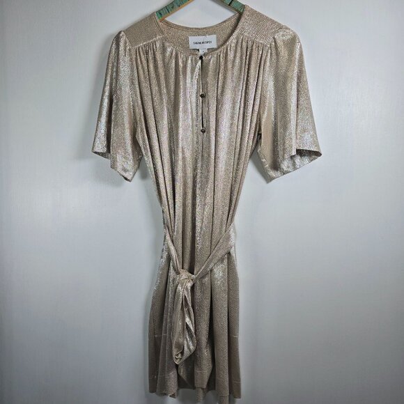 Sabina Musayev Gold Metallic Shimmer Foil O/S Belted Button-up Dress, M, NWOT - Picture 4 of 12